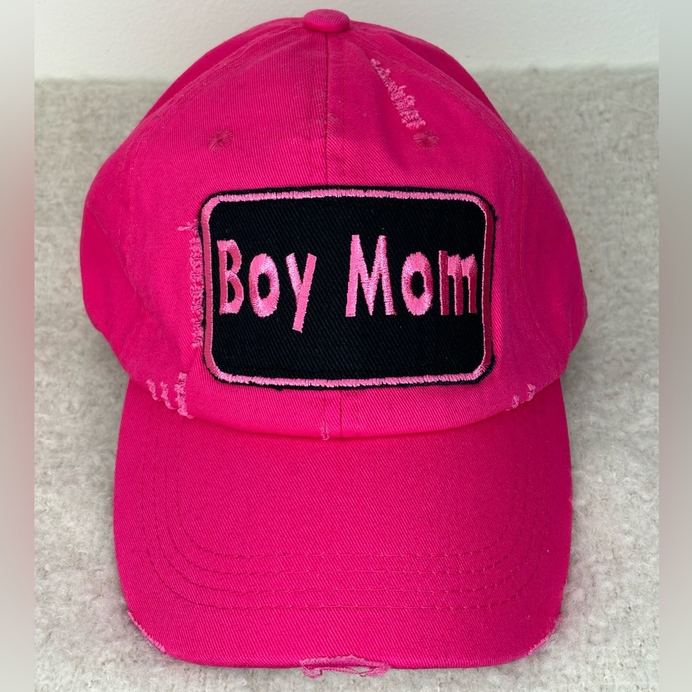 Boy Mom Dad Cap Hot Pink Distressed w/ Embroidered Patch Hand Crafted